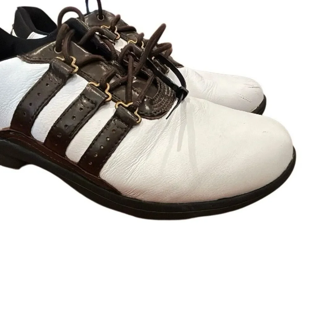 adidas Adipure Men's Golf Shoes Leather Spiked Lace Up White Brown Black size 9